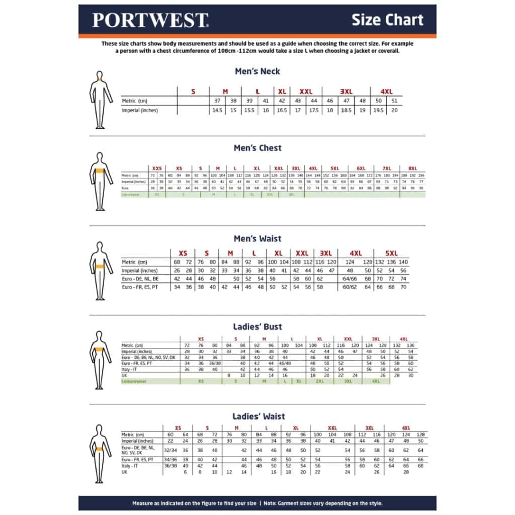 Portwest Garment Sizing Chart asd